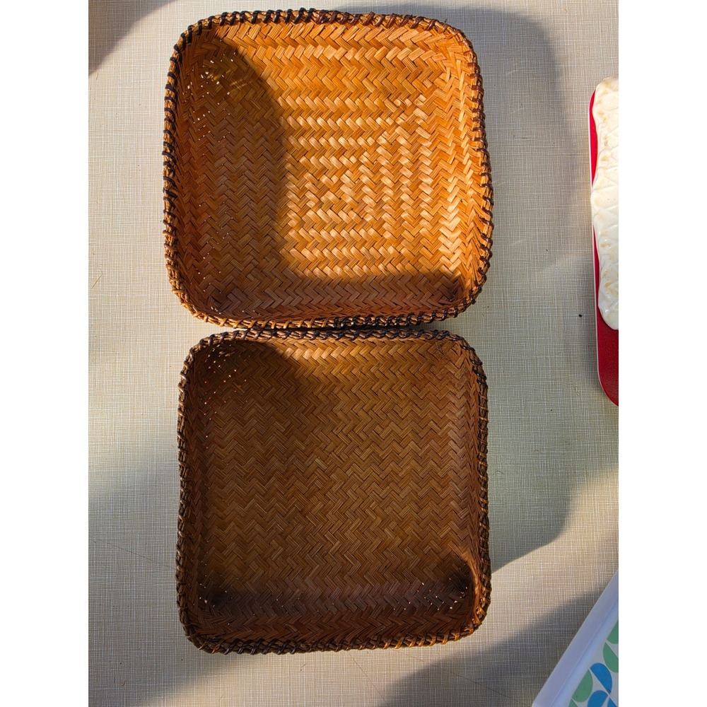Vintage Hand Woven Bamboo Square Nesting Baskets Set of 2 Brown Boho Decor